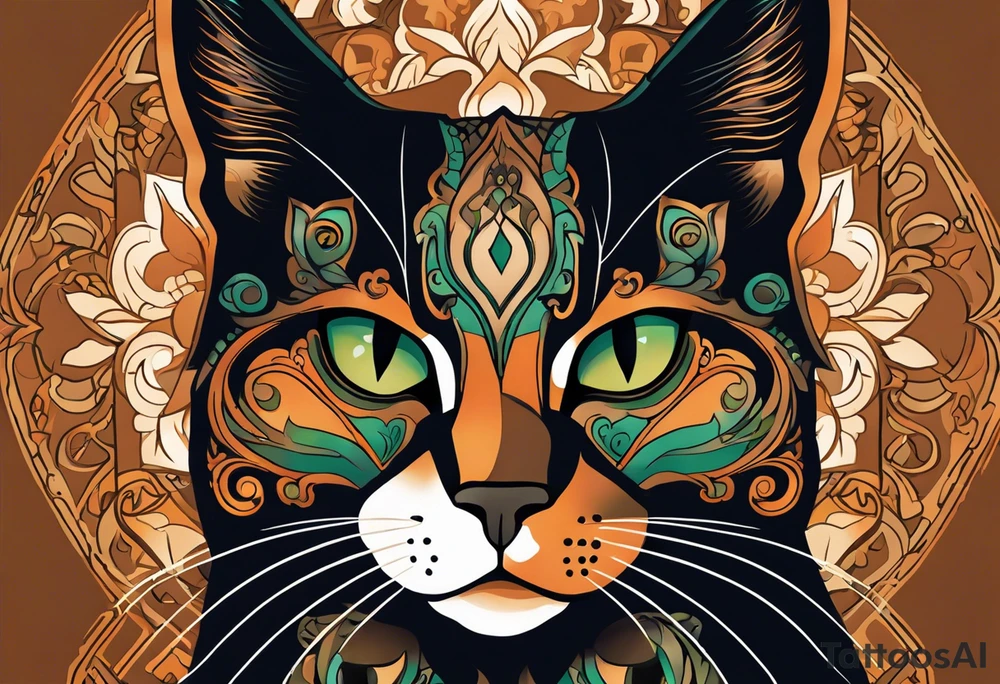 A detailed tattoo design of a tortoiseshell cat, emphasizing its distinct black, orange, and brown fur patterns in a stylized, illustrative manner. The cat's face is turned slightly upwards, with piercing green eyes that are accentuated for a bold, captivating look. Fine details such as the delicate whiskers, sharp ears, and subtle fur texture are highlighted. The background is minimal, perhaps incorporating abstract geometric shapes or soft shading to keep the focus on the cat's striking features. The overall design should be bold yet elegant, with clean lines and intricate shading that brings the cat to life in a timeless, artistic tattoo style tattoo idea