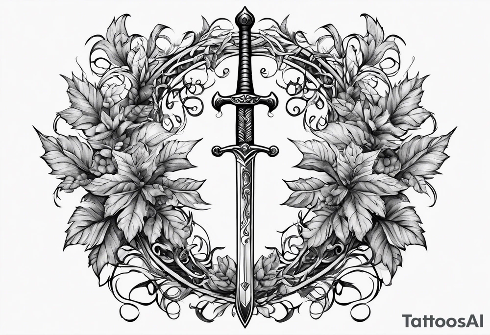 Leafy vines with sword tattoo idea
