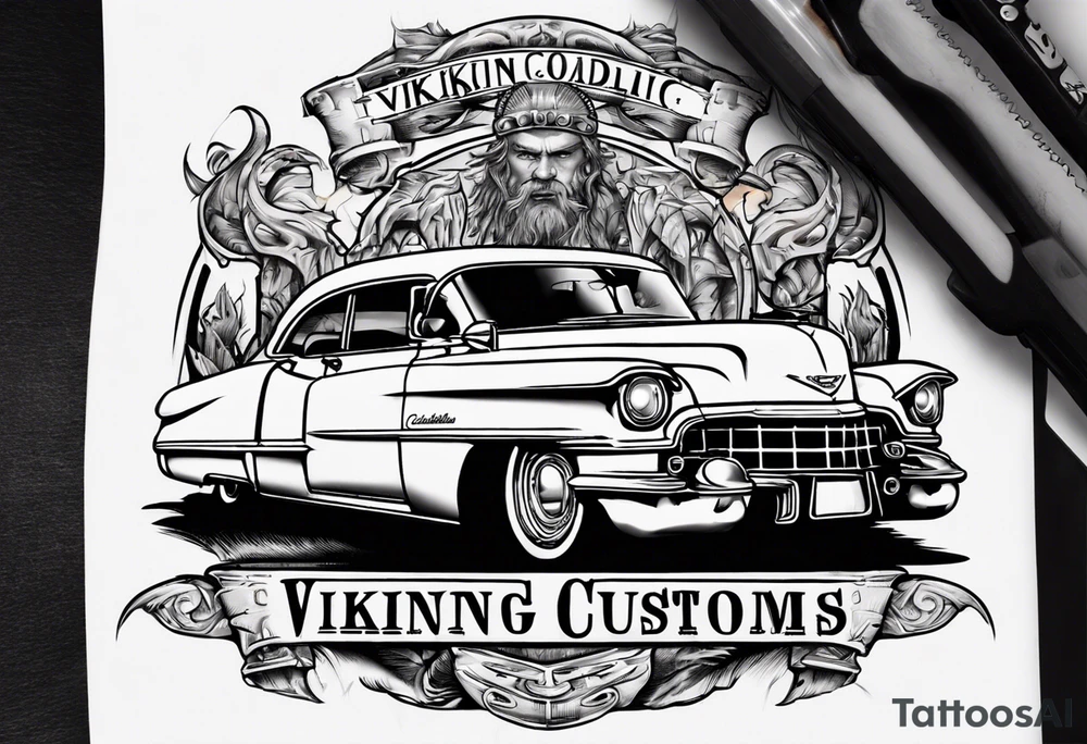 I want a tattoo of an old Cadillac car with the name “Viking Customs” incorporated in the design tattoo idea