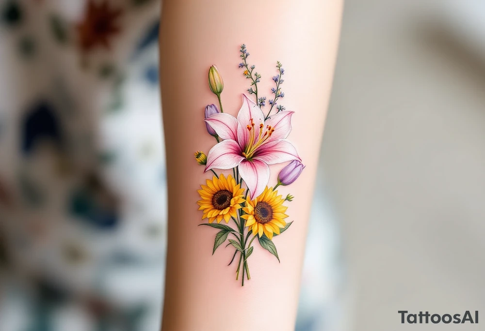 Small Stargazer lillies pale pink with no outline 
with small yellow sunflowers and pale purple tulip buds in a dainty wildflower bouquet with light green stems tattoo idea