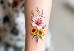 Small Stargazer lillies pale pink with no outline 
with small yellow sunflowers and pale purple tulip buds in a dainty wildflower bouquet with light green stems tattoo idea