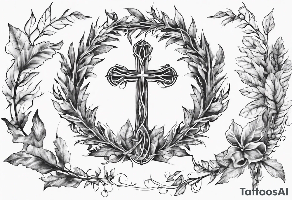 wreath leaves and the cross at the end of the leaves connecting tattoo idea