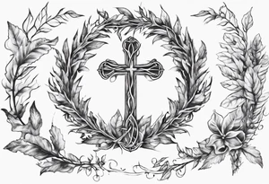 wreath leaves and the cross at the end of the leaves connecting tattoo idea