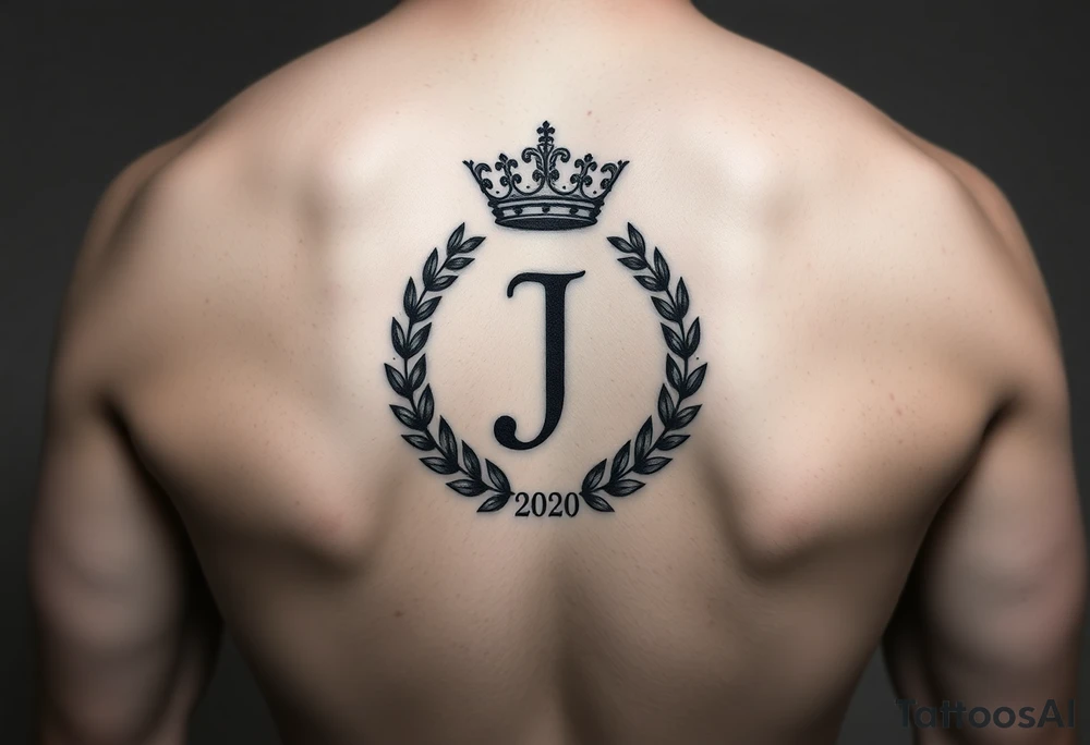 I would like to have an example for a tattoo. In which the initial J is central with a laurel wreath from bottom to top and a crown on top. Furthermore, please include a birth year 2020 or his birth date in Roman. on the upper legs tattoo idea