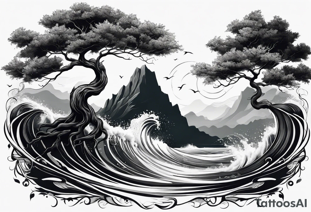 tree with roots growing around calming waves tattoo idea