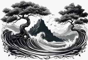 tree with roots growing around calming waves tattoo idea