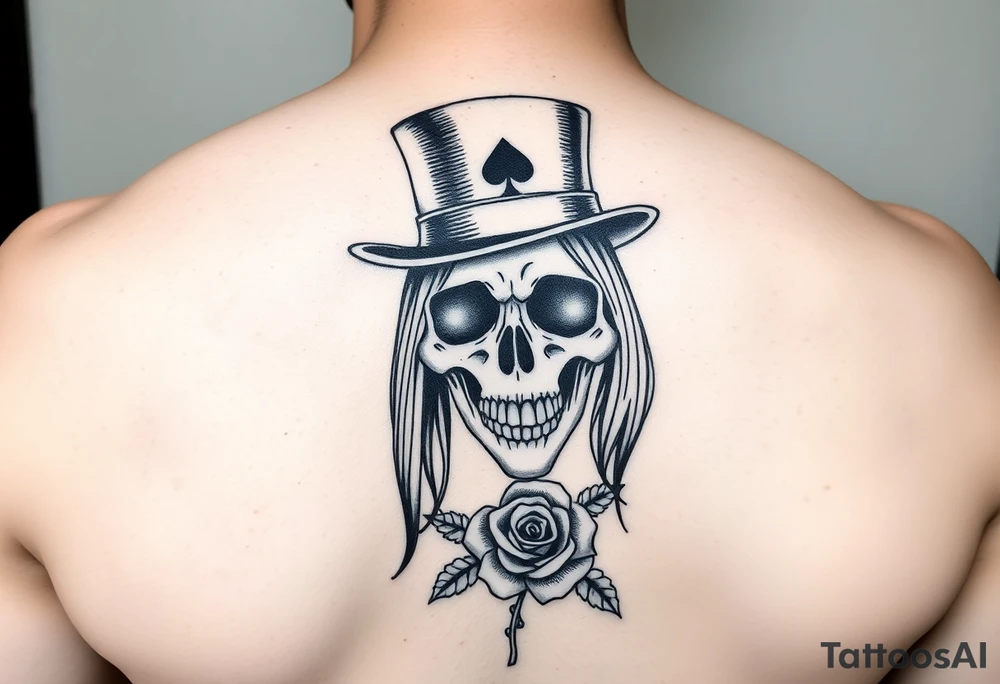 A skull with long straight hair wearing a top hat with an ace of spades in the brim and a rose in its mouth tattoo idea