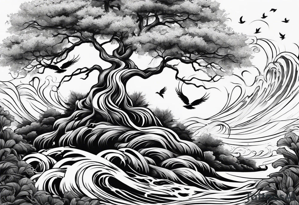 tree with water flowing and phoenix and roots and waves and three birds tattoo idea