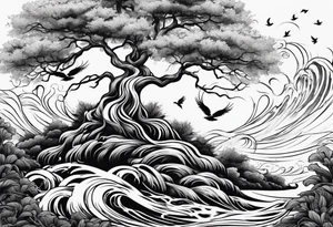 tree with water flowing and phoenix and roots and waves and three birds tattoo idea