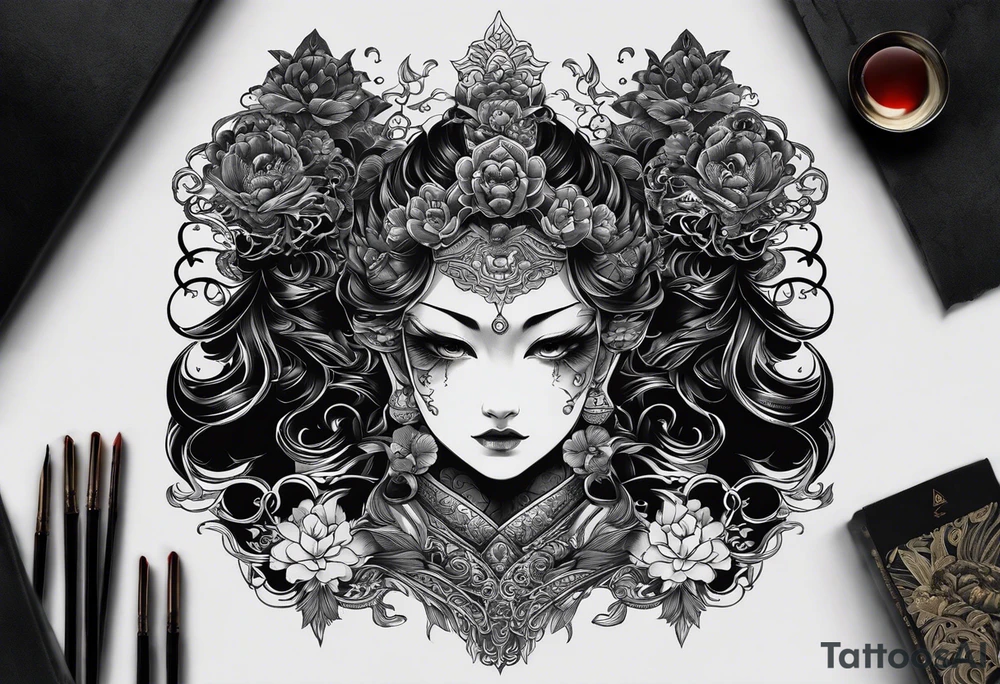 The Japanese say you have three faces. The first face, you show to the world. The second face, you show to your close friends and your family. The third face, you never show anyone.

make it for a chest piece and make it darker tattoo idea