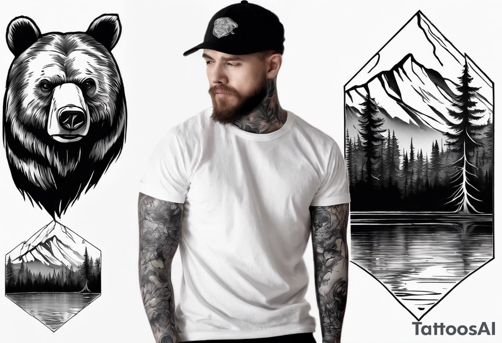 bear head right above the forest line with a lake below, full arm sleeve tattoo tattoo idea