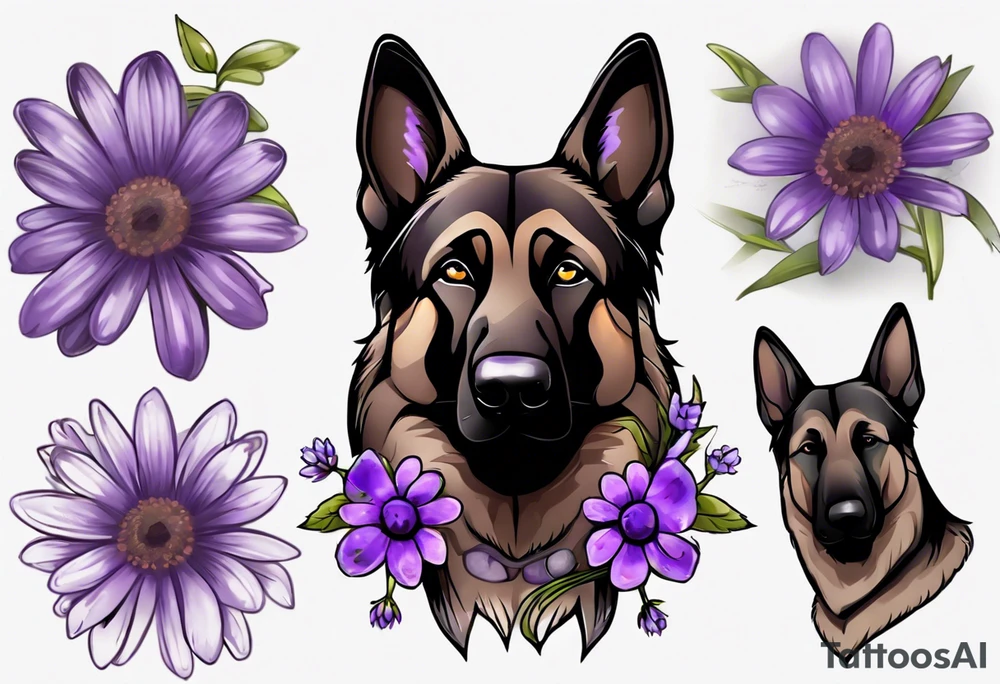 Dark brown German shepherd with purple daisies tattoo idea