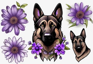 Dark brown German shepherd with purple daisies tattoo idea