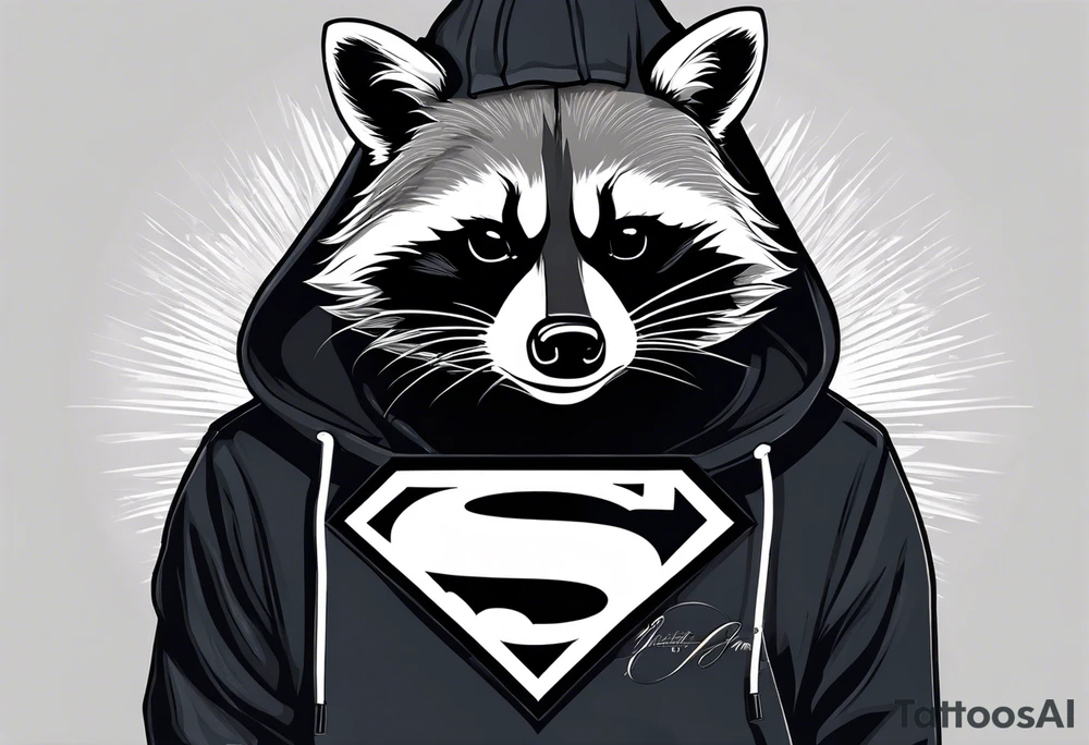 Raccoon wearing a white Superman logo on a black hoodie tattoo idea