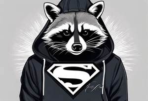 Raccoon wearing a white Superman logo on a black hoodie tattoo idea