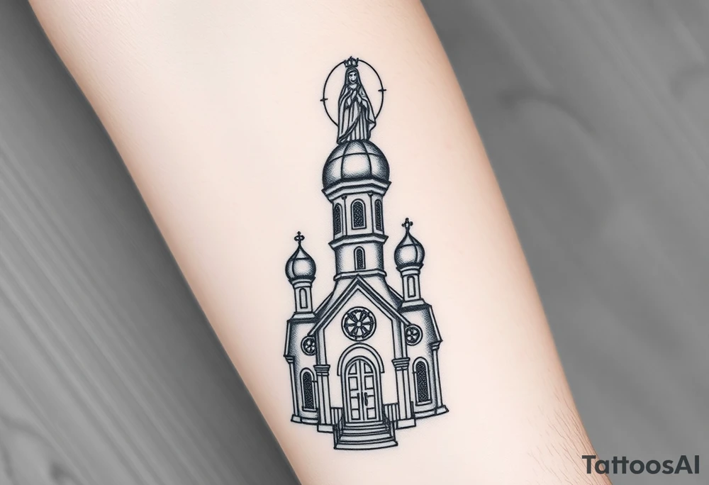 in a dorsal view a detailed orthodox church with a band at the front shrouded with a mist above and fading into a virgin mary overlooking above at the top tattoo idea