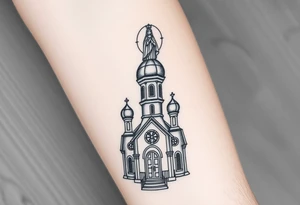 in a dorsal view a detailed orthodox church with a band at the front shrouded with a mist above and fading into a virgin mary overlooking above at the top tattoo idea