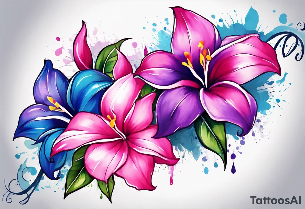 brushstroke abstract pink, purple, and blue mandevilla flowers on a vine, with color leaking out into the background. SOme of the flowers should be full color, and some just linework. It should have a handdrawn, sketch feel. tattoo idea