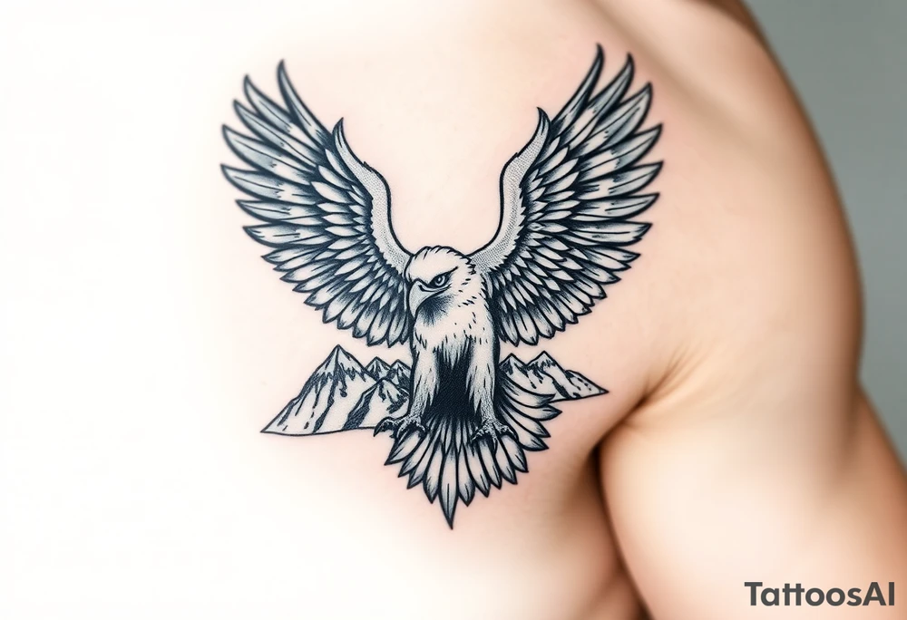 majestic eagle spreading wings against mountain peaks tattoo idea