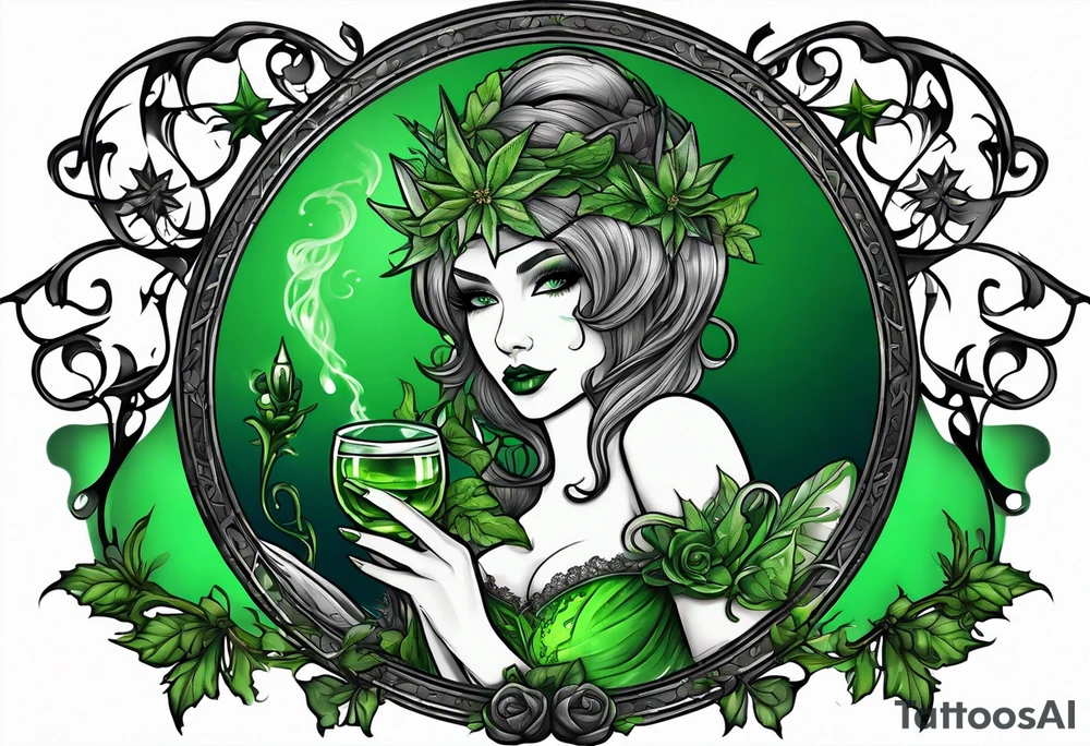 evil green fairy holding a glass of absinthe, wormwood and star anise trim tattoo idea