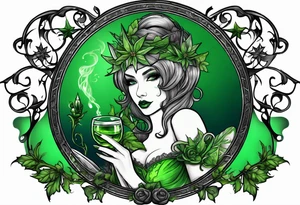 evil green fairy holding a glass of absinthe, wormwood and star anise trim tattoo idea