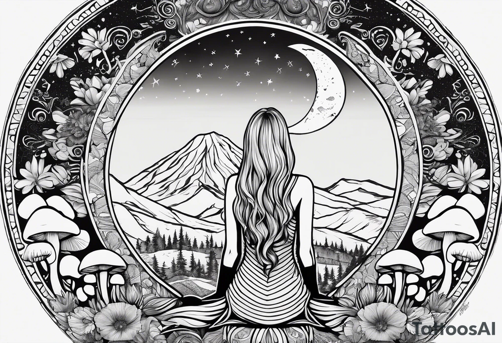Straight blonde hair girl facing away toward mountains surrounded by mushrooms crescent moon mandala circular design black and white striped dress tattoo idea