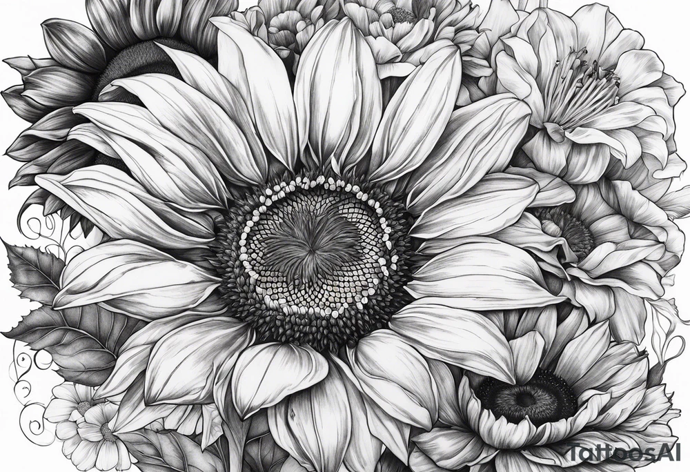 Sunflower, Lillie’s, roses, daisies, poppy’s tattoo idea