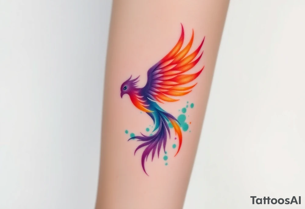 Phoenix with blazing flames with purple, orange, teal and green splashes tattoo idea