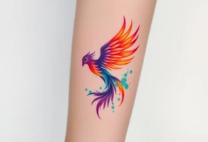 Phoenix with blazing flames with purple, orange, teal and green splashes tattoo idea