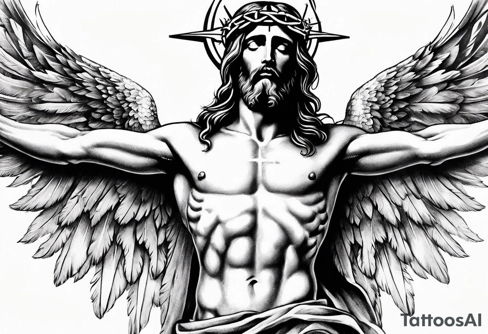 jesus on a cross surround by angel wings for a back tattoo tattoo idea