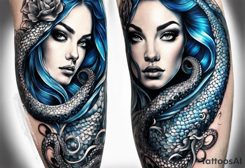 Lower leg sleeve. Large blue ring octopus holding mermaid tattoo idea