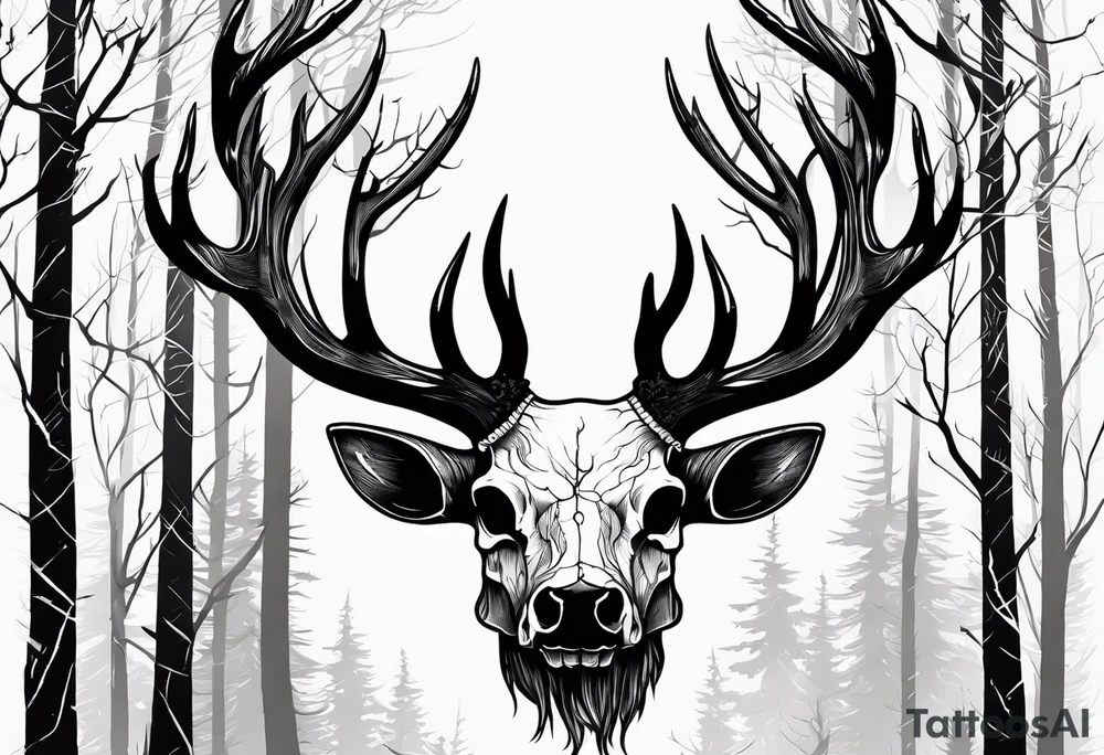 A side profile of decayed deer skull surrounded by trees and fire tattoo idea