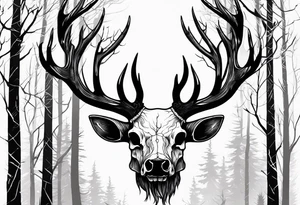 A side profile of decayed deer skull surrounded by trees and fire tattoo idea