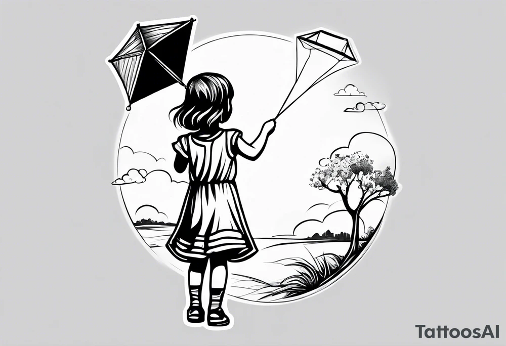 the back of a little girl in a dress, flying a kite tattoo idea