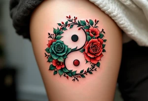 A yin-yang symbol formed from roses and ivy, using deep red, forest green, and soft pinks.
Placement: Shoulder blade or thigh. tattoo idea