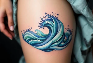 A gradient wave blends deep indigo to seafoam green along the ribs, with geometric patterns. tattoo idea