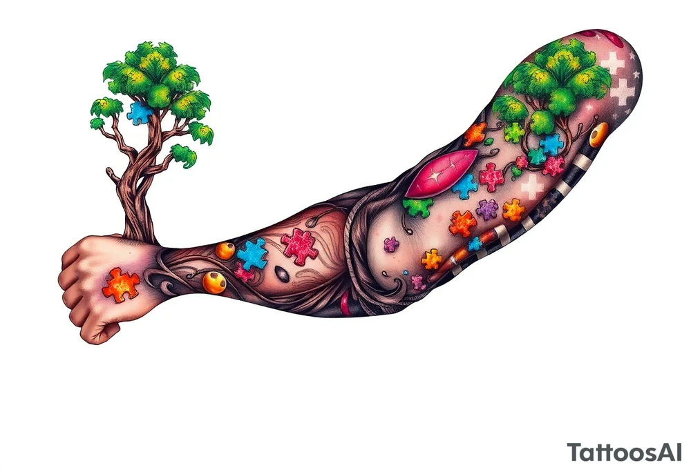 left arm full sleeve to support autism awareness full color and completed filled also include a tree with the autism puzzle as leaves to start the sleeve and add Mickey Mouse in there small tattoo idea