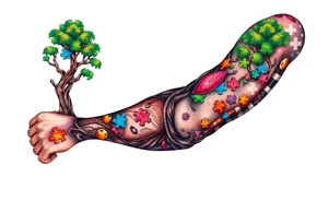 left arm full sleeve to support autism awareness full color and completed filled also include a tree with the autism puzzle as leaves to start the sleeve and add Mickey Mouse in there small tattoo idea