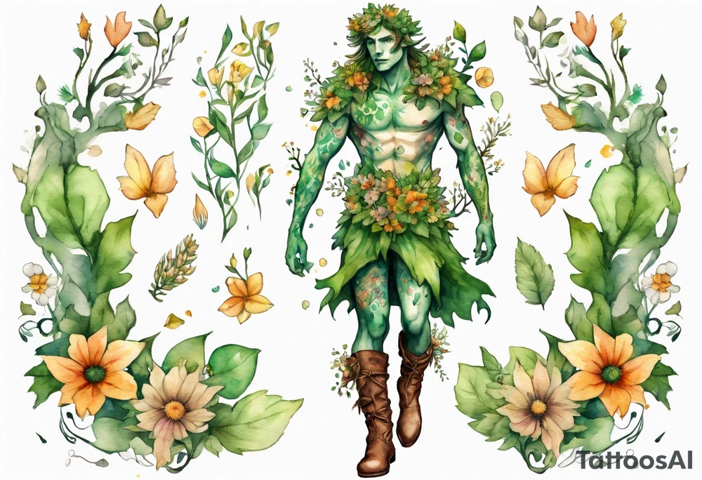 a male dryad covered in flowers wearing a leafy skirt and boots tattoo idea