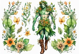 a male dryad covered in flowers wearing a leafy skirt and boots tattoo idea