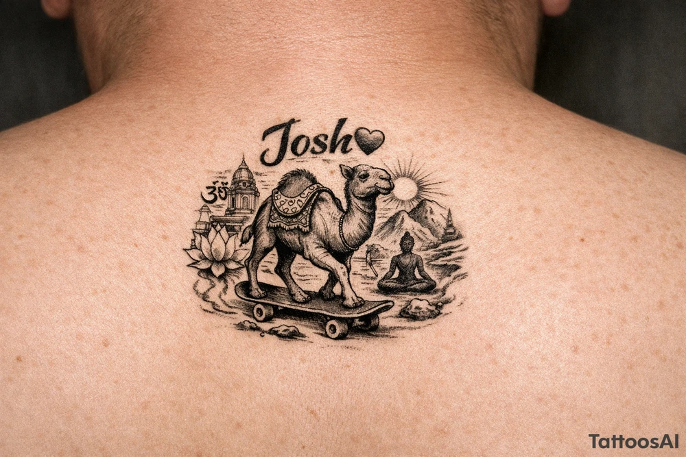 The name, Josh🩵, a Hindu camel skateboarding calmness tattoo idea