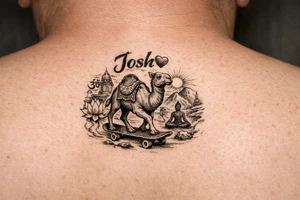 The name, Josh🩵, a Hindu camel skateboarding calmness tattoo idea
