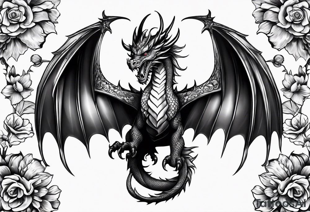 Drache mit Körper und mit Kirschblüten tattoo idea