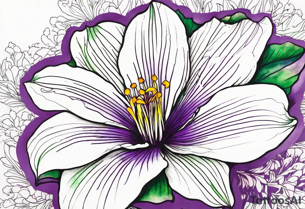 An outline of a rio dipladenia flower with a green and purple watercolor background tattoo idea