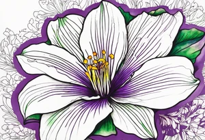 An outline of a rio dipladenia flower with a green and purple watercolor background tattoo idea