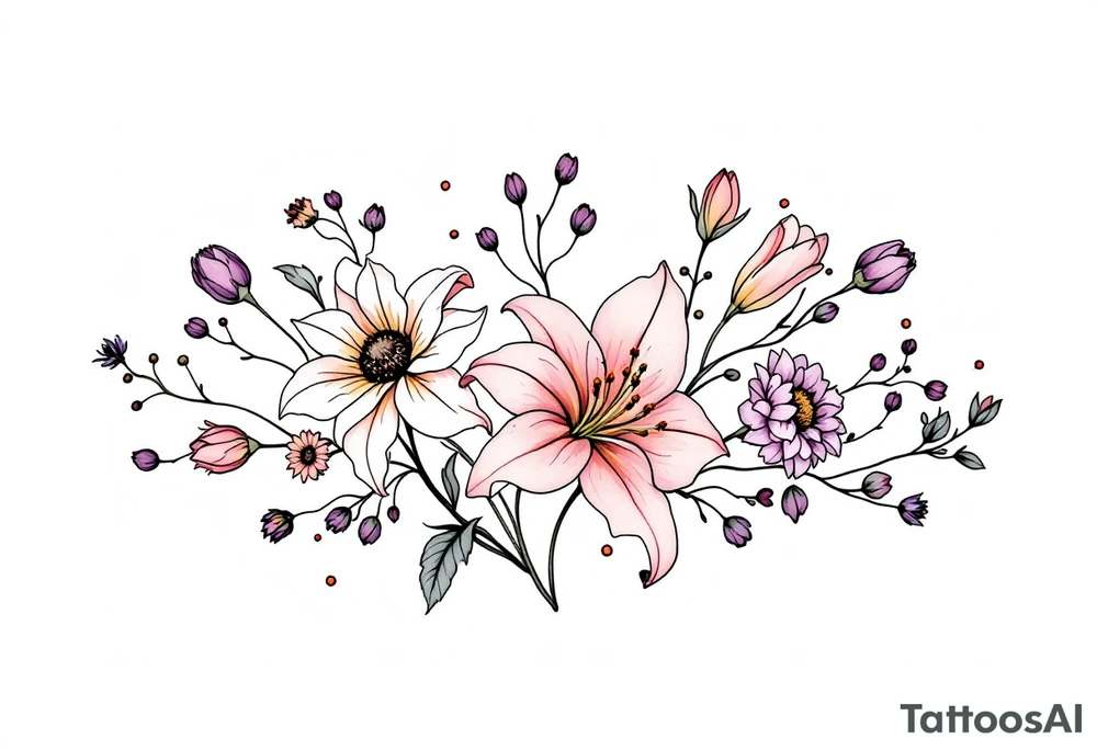 stargazer lillies in light pink with small sunflowers and peonies and purple tulip buds in a dainty wildflower bouquet with stems tattoo idea