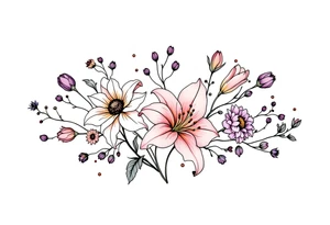 stargazer lillies in light pink with small sunflowers and peonies and purple tulip buds in a dainty wildflower bouquet with stems tattoo idea