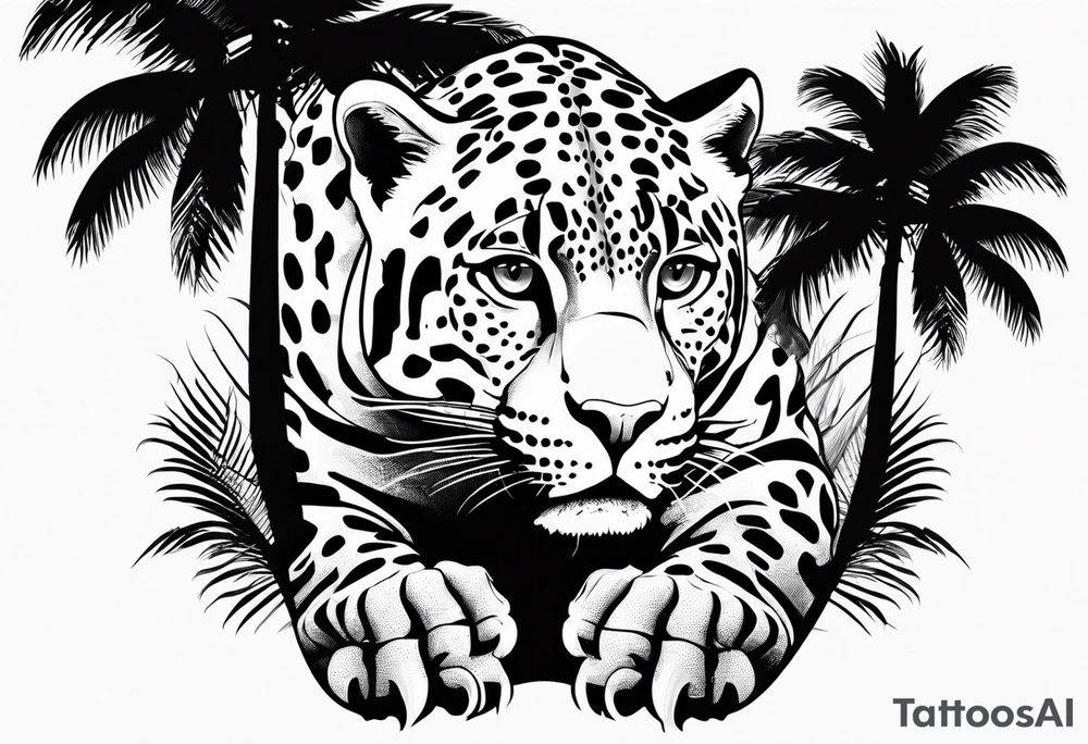 jaguar laying on palm tree tattoo idea