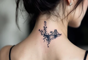 信 (xìn, “faith/trust”) in deep indigo with a bridge motif speaks of connection and reliability. tattoo idea