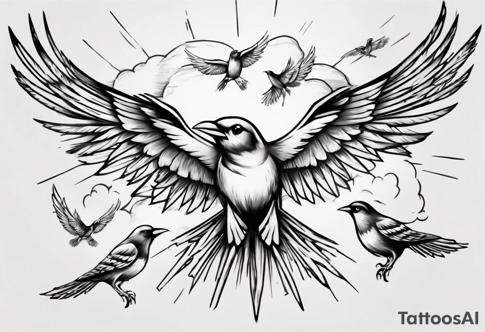 shoulder tattoo with light rays with birds flying free among the clouds tattoo idea